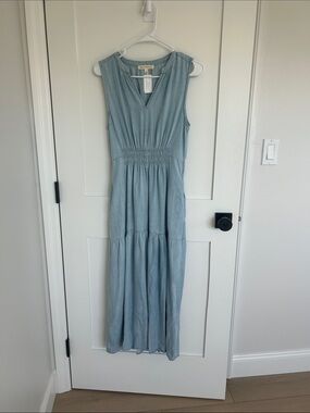 Sleeveless Light Blue Maxi Dress with Smocked Waist